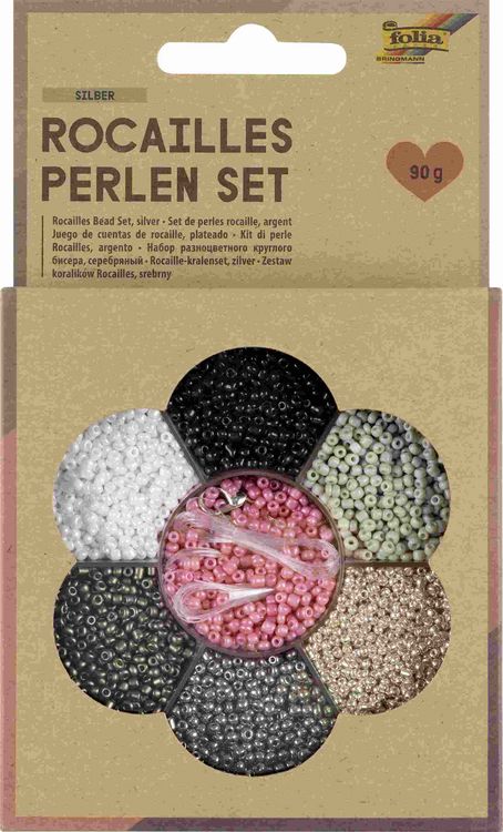 Produktbild: Folia  Rocailles-Perlen-Set SILBER, ~90g Perlen, 3x1m Nylonfaden, 3 Verschl&uuml;sse