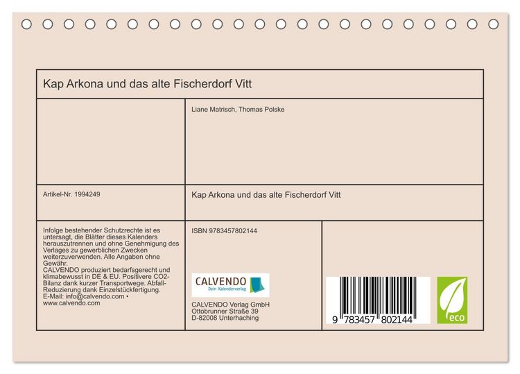 Produktbild: Kap Arkona und das alte Fischerdorf Vitt (Tischkalender 2026 DIN A5 quer), CALVENDO Monatskalender