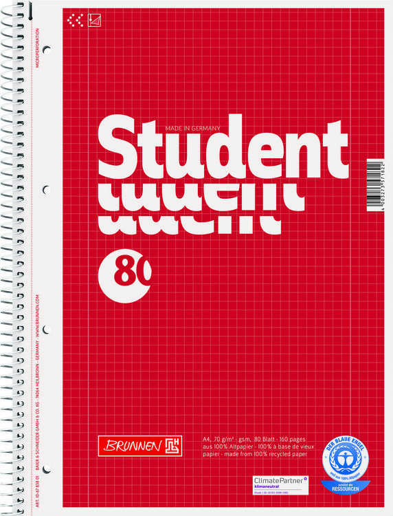 Produktbild: Brunnen Collegeblock A4 kariert Lineatur 28 80 Blatt Recyclingpapier