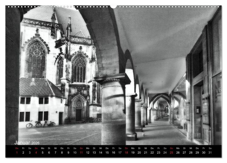 Produktbild: M&uuml;nster in schwarz-wei&szlig; gesehen (Wandkalender 2026 DIN A2 quer), CALVENDO Monatskalender