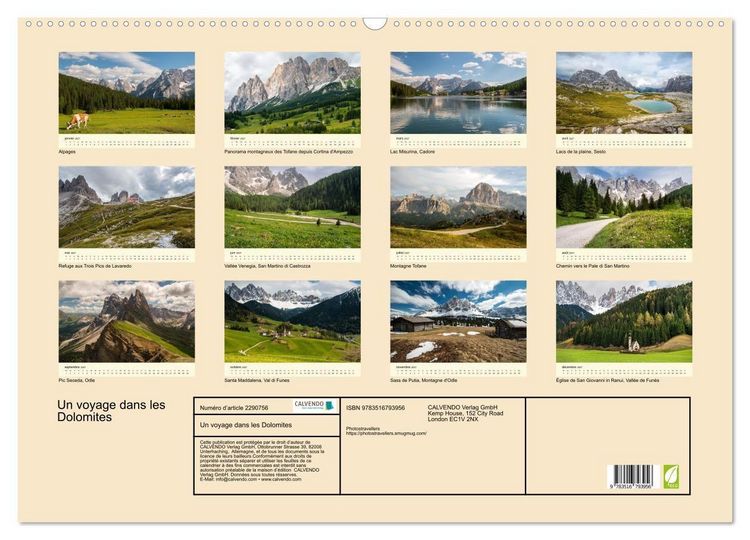 Produktbild: Un voyage dans les Dolomites (Calendrier mural 2027 DIN A2 vertical), CALVENDO calendrier mensuel