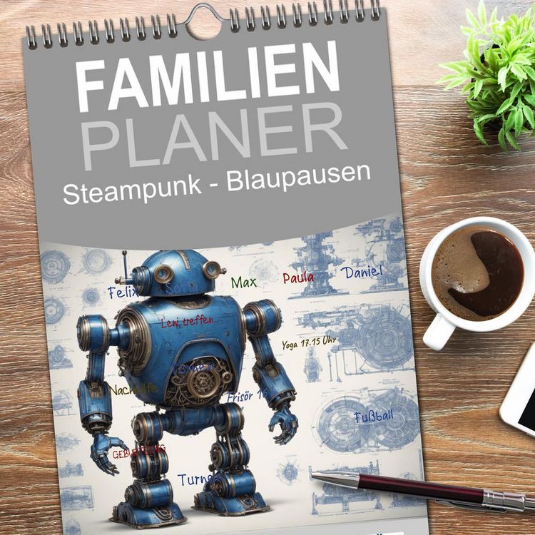 Produktbild: Familienplaner 2026 - Steampunk - Blaupausen mit 5 Spalten (Wandkalender, 21 x 45 cm) CALVENDO
