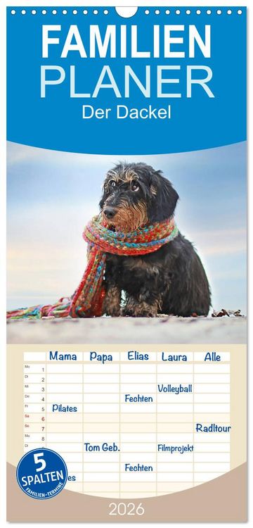 Produktbild: Familienplaner 2026 - Der Dackel mit 5 Spalten (Wandkalender, 21 x 45 cm) CALVENDO