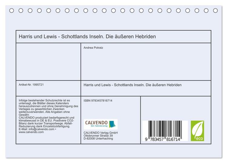 Produktbild: Harris und Lewis - Schottlands Inseln. Die &auml;u&szlig;eren Hebriden (Tischkalender 2026 DIN A5 quer), CALVENDO Monatskalender