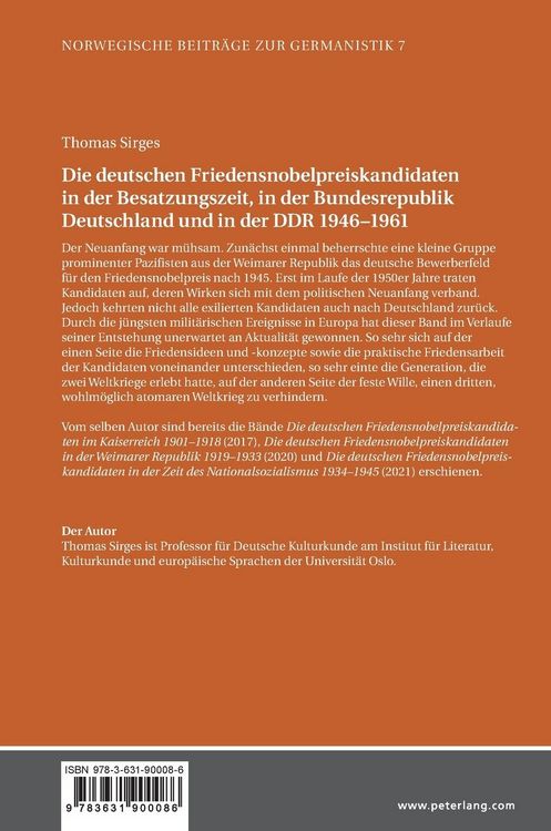 Produktbild: Die deutschen Friedensnobelpreiskandidaten in der Besatzungszeit, in der Bundesrepublik Deutschland und in der DDR 1946&ndash;1961