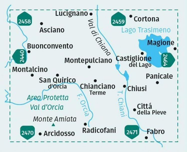 Produktbild: KOMPASS Wanderkarte 2463 Lago Trasimeno, Area Protetta Val d' Orcia, Montepulciano, Montalcino, Monte Amiata, Cortona 1:50.000