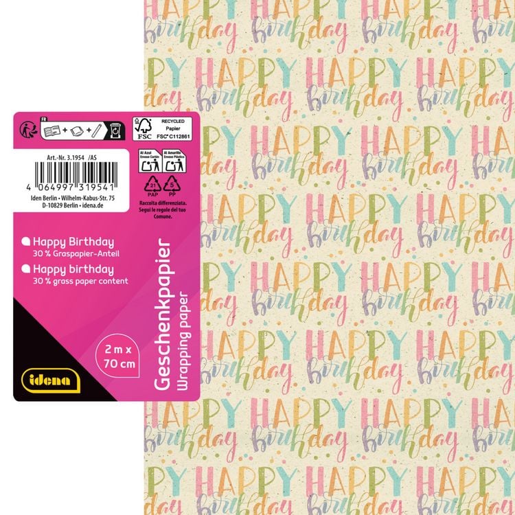 Produktbild: Idena Geschenkpapier Happy Birthday 70cmx2m Gras/Recycling