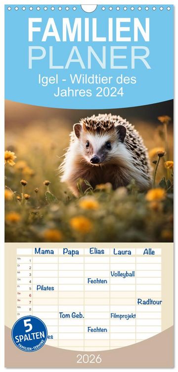 Produktbild: Familienplaner 2026 - Igel - Wildtier des Jahres 2024 mit 5 Spalten (Wandkalender, 21 x 45 cm) CALVENDO
