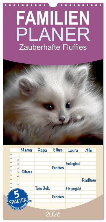 Produktbild: Familienplaner 2026 - Zauberhafte Fluffies mit 5 Spalten (Wandkalender, 21 x 45 cm) CALVENDO