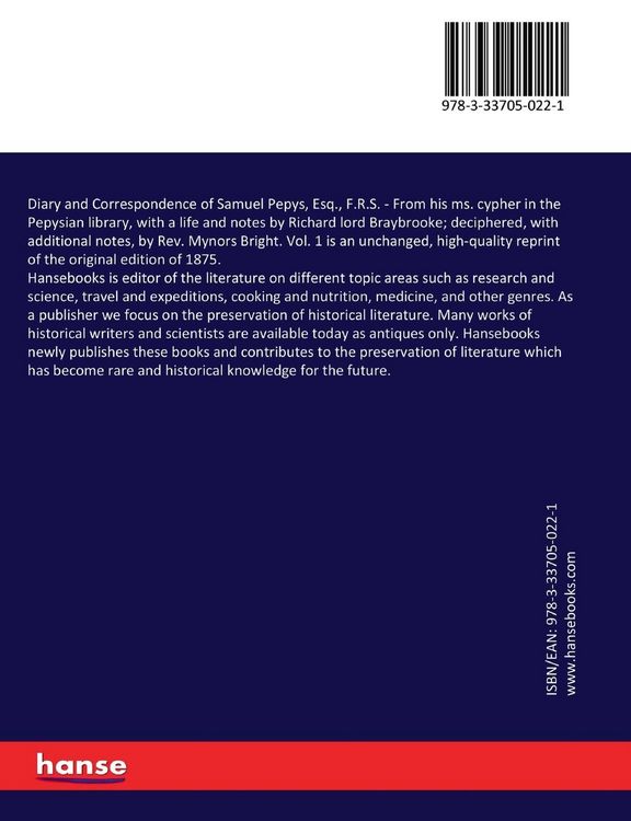 Produktbild: Diary and Correspondence of Samuel Pepys, Esq., F.R.S.