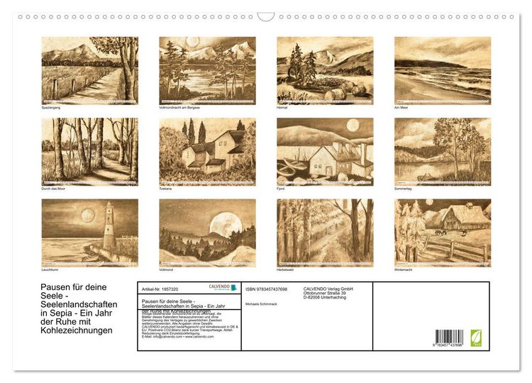 Produktbild: Pausen f&uuml;r deine Seele - Seelenlandschaften in Sepia - Ein Jahr der Ruhe mit Kohlezeichnungen (Wandkalender 2026 DIN A2 quer), CALVENDO Monatskalender
