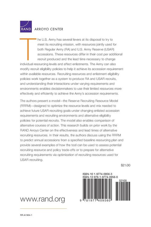 Produktbild: Resources Required to Meet the U.S. Army Reserve's Enlisted Recruiting Requirements Under Alternative Recruiting Goals, Conditions, and Eligibility Policies