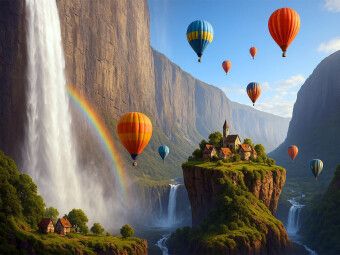Produktbild: CALVENDO Puzzle Hei&szlig;luftballons &uuml;ber einer surrealen Landschaft mit Regenbogen | 1000 Teile Lege-Gr&ouml;&szlig;e 64x48cm Foto-Puzzle f&uuml;r gl&uuml;ckliche Stunden