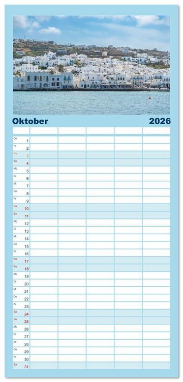 Produktbild: Familienplaner 2026 - Griechenland - Mykonos Kalender mit 5 Spalten (Wandkalender, 21 x 45 cm) CALVENDO