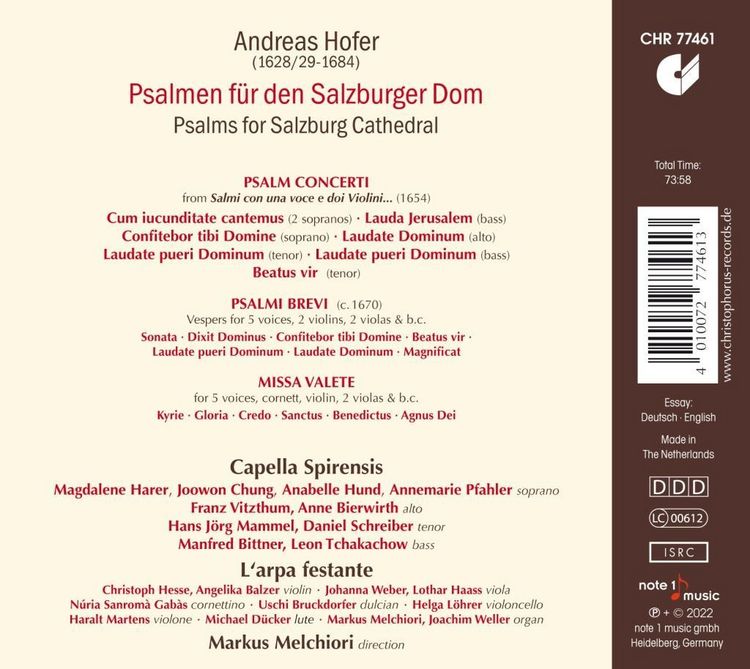 Produktbild: Andreas Hofer: Psalms for Salzburg Cathedral