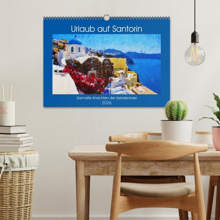 Produktbild: Urlaub auf Santorin - Gemalte Ansichten der Kykladeninsel (Wandkalender 2026 DIN A3 quer), CALVENDO Monatskalender
