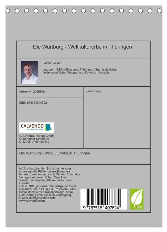 Produktbild: Die Wartburg - Weltkulturerbe in Th&uuml;ringen (Tischkalender 2026 DIN A5 hoch), CALVENDO Monatskalender