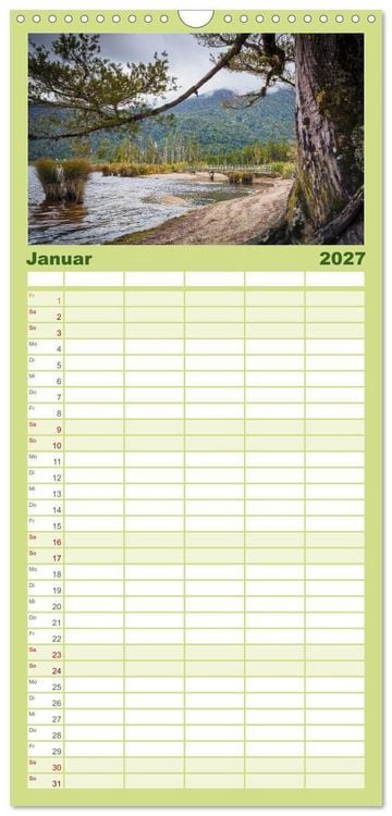 Produktbild: Familienplaner 2027 - Traumhafte Wege - Unterwegs auf Neuseelands S&uuml;dinsel mit 5 Spalten (Wandkalender, 21 x 45 cm) CALVENDO