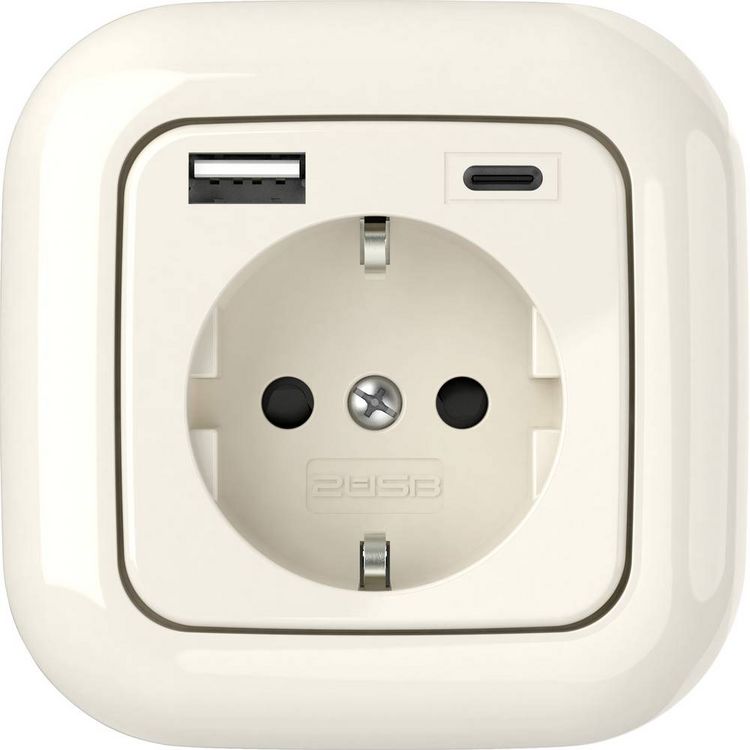 Produktbild: 2USB 2U-449382 Schutzkontakt-Steckdose erh&ouml;hter Ber&uuml;hrungsschutz, mit USB-Ladeausgang IP20 Cremewei&szlig; (gl&auml;nzend)