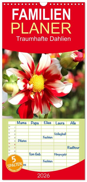 Produktbild: Familienplaner 2026 - Traumhafte Dahlien mit 5 Spalten (Wandkalender, 21 x 45 cm) CALVENDO