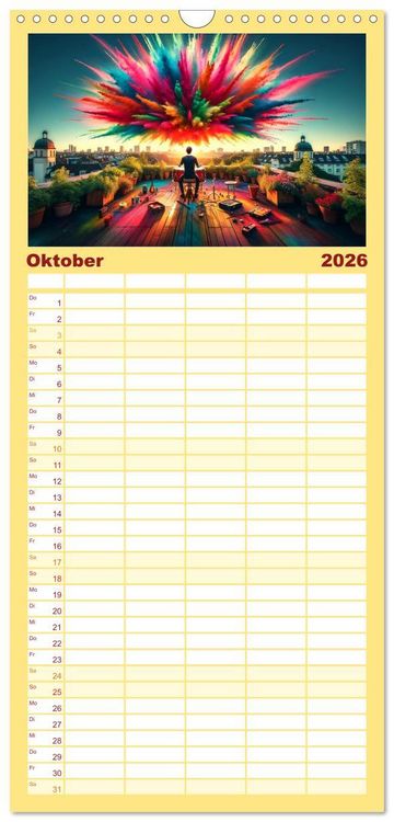 Produktbild: Familienplaner 2026 - Drummer - Color Splash Rhythms: Trommelschl&auml;ge und Farbexplosionen mit 5 Spalten (Wandkalender, 21 x 45 cm) CALVENDO