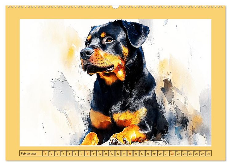 Produktbild: Kraftvolle Rottweiler. Stattliche Begleithunde im Aquarell-Stil (Wandkalender 2026 DIN A2 quer), CALVENDO Monatskalender