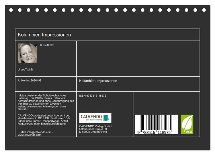 Produktbild: Kolumbien Impressionen (Tischkalender 2026 DIN A5 quer), CALVENDO Monatskalender