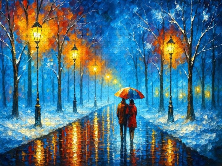 Produktbild: CALVENDO Puzzle Schnee im Park mit Laternen | 1000 Teile Lege-Gr&ouml;&szlig;e 64x48cm Foto-Puzzle f&uuml;r gl&uuml;ckliche Stunden
