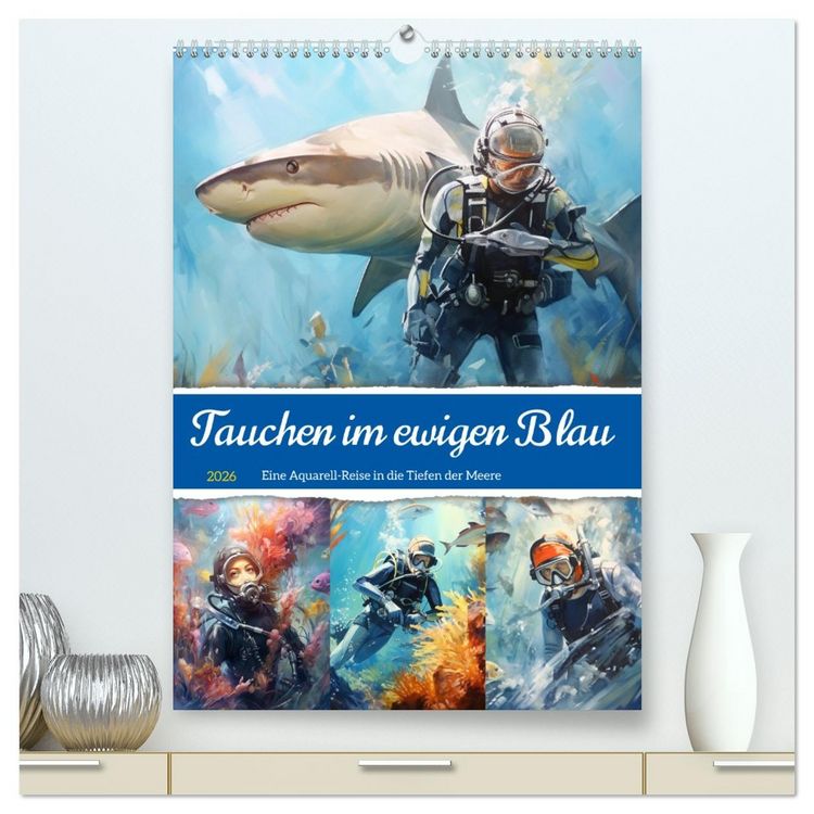 Produktbild: Tauchen im ewigen Blau. Eine Aquarell-Reise in die Tiefen der Meere (hochwertiger Premium Wandkalender 2026 DIN A2 hoch), Kunstdruck in Hochglanz