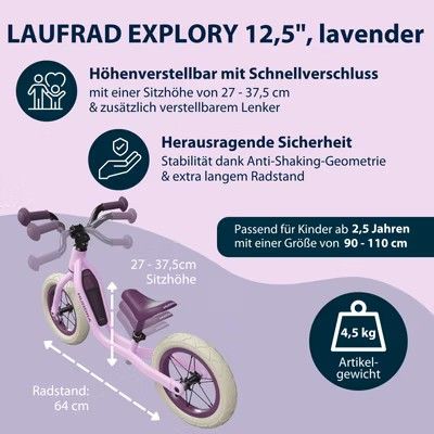 Produktbild: HUDORA 10938 - Laufrad Explory 12 pixie berry, f&uuml;r Kinder von 90-110 cm, Sitzh&ouml;he: 27-37,5 cm