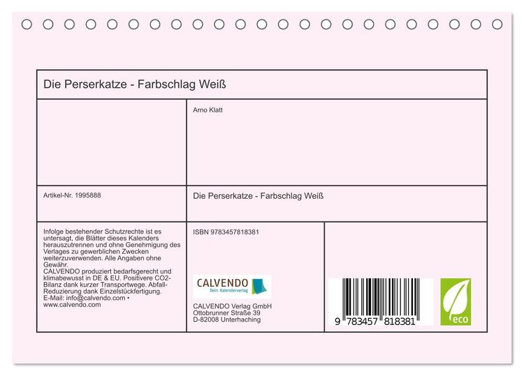 Produktbild: Die Perserkatze - Farbschlag Wei&szlig; (Tischkalender 2026 DIN A5 quer), CALVENDO Monatskalender