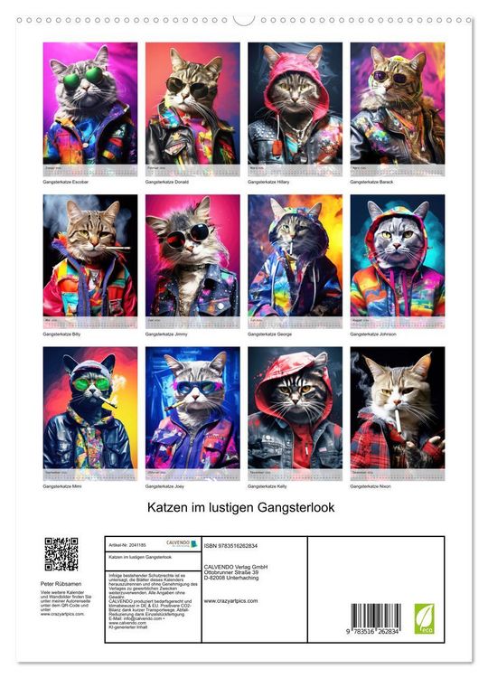 Produktbild: Katzen im lustigen Gangsterlook (hochwertiger Premium Wandkalender 2026 DIN A2 hoch), Kunstdruck in Hochglanz