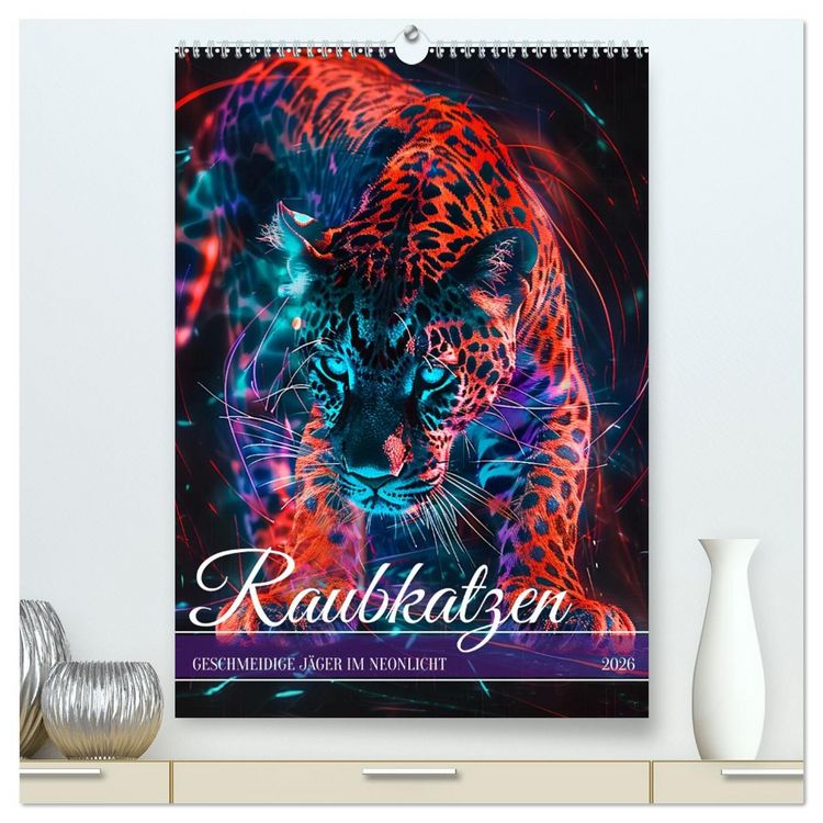 Produktbild: Raubkatzen - Geschmeidige J&auml;ger im Neonlicht (hochwertiger Premium Wandkalender 2026 DIN A2 hoch), Kunstdruck in Hochglanz