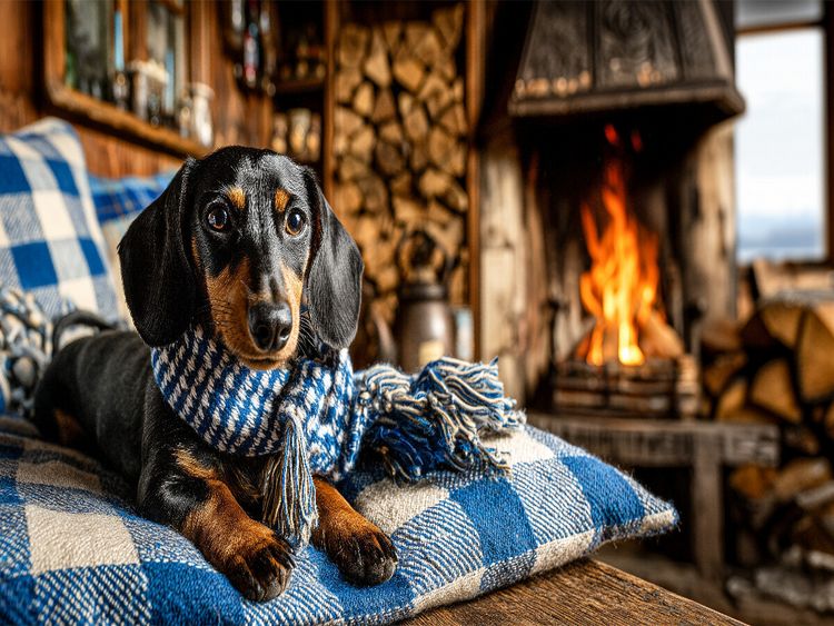 Produktbild: CALVENDO Puzzle Dackel mit Schal in Bergh&uuml;tte - gem&uuml;tliches Hundepuzzle aus Bayern | 1000 Teile Lege-Gr&ouml;&szlig;e 64x48cm Foto-Puzzle f&uuml;r gl&uuml;ckliche Stunden