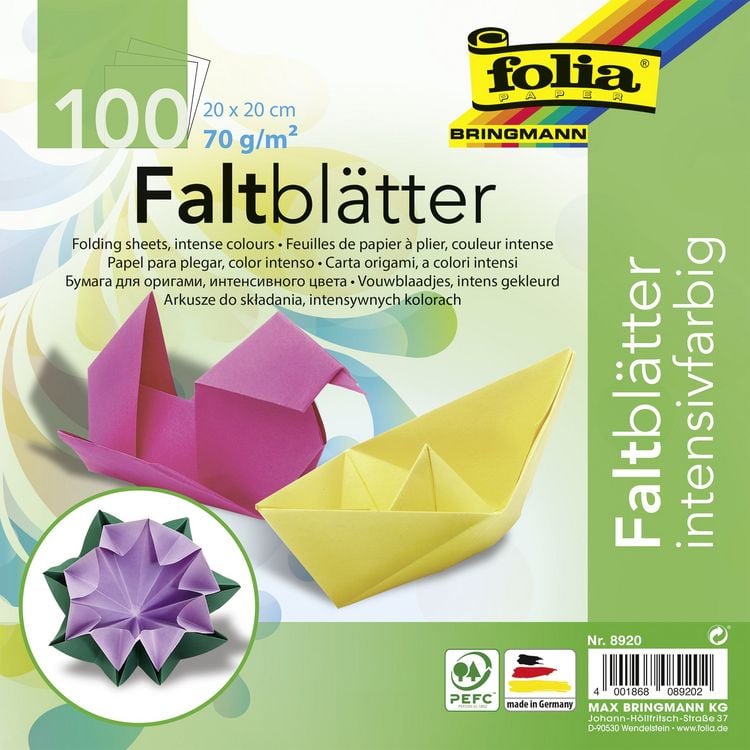 Produktbild: Folia Faltbl&auml;tter 70g/m&sup2; 20x20cm, 100 Blatt farbig