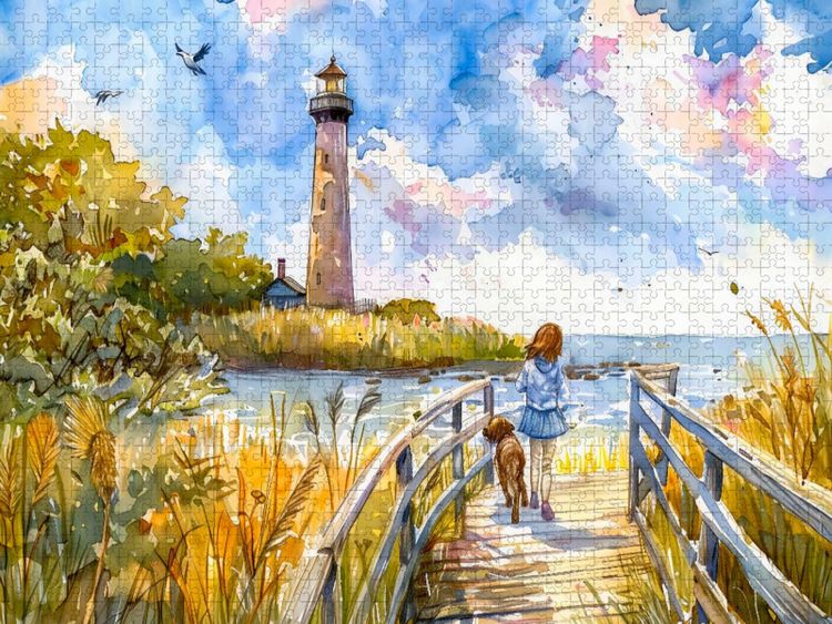 Produktbild: CALVENDO Puzzle Kind mit Hunde am Steg zum Leuchtturm | 1000 Teile Lege-Gr&ouml;&szlig;e 64x48cm Foto-Puzzle f&uuml;r gl&uuml;ckliche Stunden