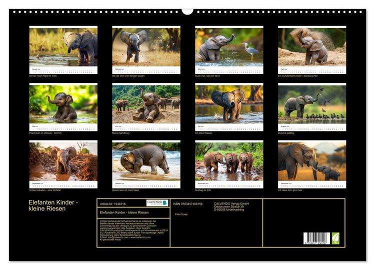 Produktbild: Elefanten Kinder - kleine Riesen (Wandkalender 2026 DIN A2 quer), CALVENDO Monatskalender