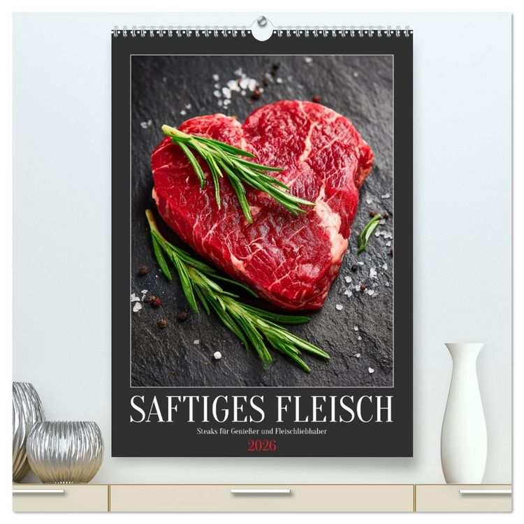 Produktbild: Saftiges Fleisch - Steaks f&uuml;r Genie&szlig;er und Fleischliebhaber (hochwertiger Premium Wandkalender 2026 DIN A2 hoch), Kunstdruck in Hochglanz