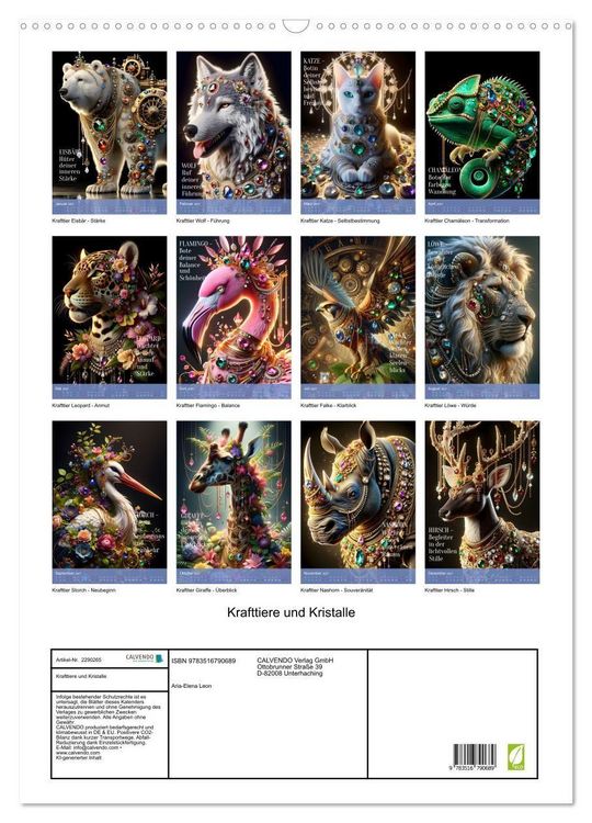 Produktbild: Krafttiere und Kristalle (Wandkalender 2027 DIN A2 hoch), CALVENDO Monatskalender
