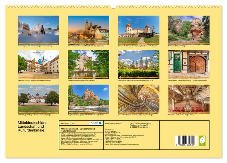 Produktbild: Mitteldeutschland - Landschaft und Kulturdenkmale (hochwertiger Premium Wandkalender 2026 DIN A2 quer), Kunstdruck in Hochglanz
