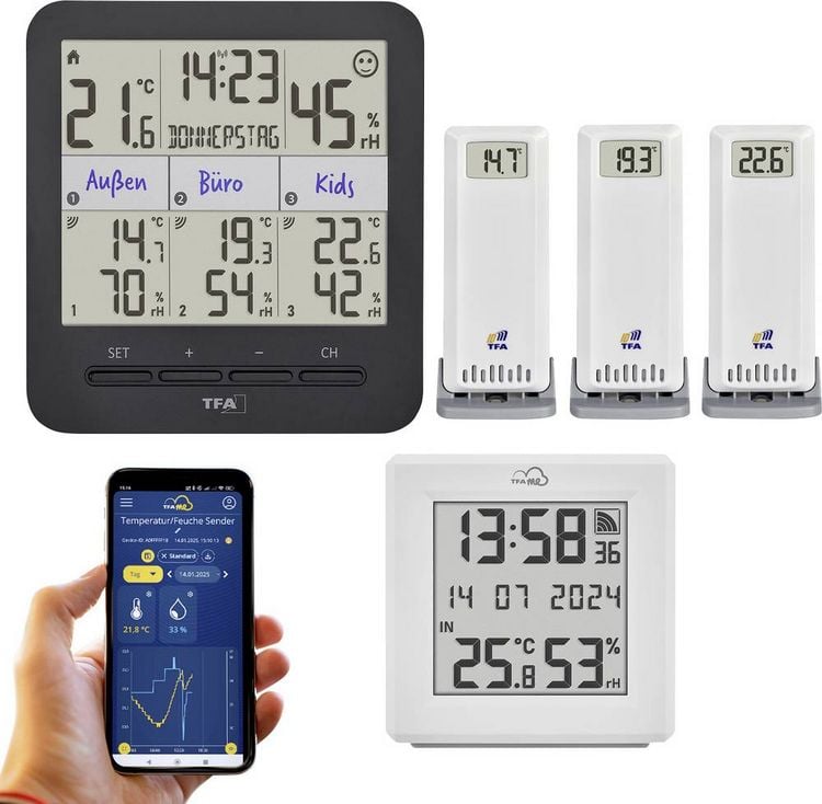 Produktbild: TFA Dostmann TFA.me Starter Set mit WLAN Gateway und KLIMA@HOME 2 Funk-Thermo-/Hygrometer Schwarz, Wei&szlig; 35.8109.02