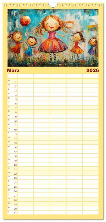 Produktbild: Familienplaner 2026 - Fr&ouml;hliche Kinder. Bezaubernde Schulm&auml;dchen im &Ouml;lbilder-Stil mit 5 Spalten (Wandkalender, 21 x 45 cm) CALVENDO