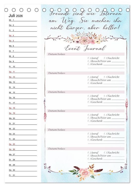 Produktbild: Geburtstagsplaner Boho Blau - F&uuml;r Termine, Geschenke, Eventdetails & mehr (Tischkalender 2026 DIN A5 hoch), CALVENDO Monatskalender