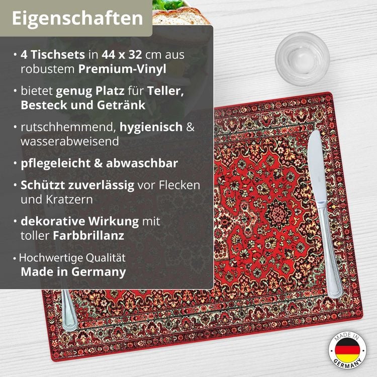 Produktbild: Tischsetmacher Tischsets Orientalischer Teppich in rot, aus hochwertigem Vinyl (4 St&uuml;ck), 44 x 32 cm