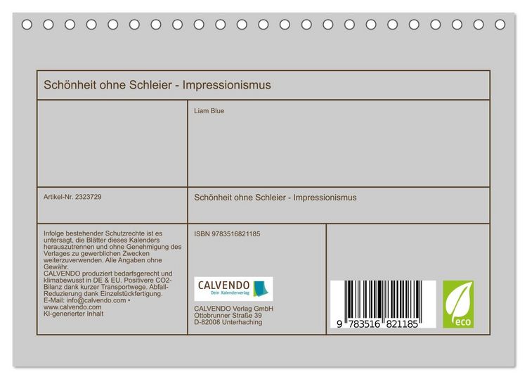 Produktbild: Sch&ouml;nheit ohne Schleier - Impressionismus (Tischkalender 2027 DIN A5 quer), CALVENDO Monatskalender