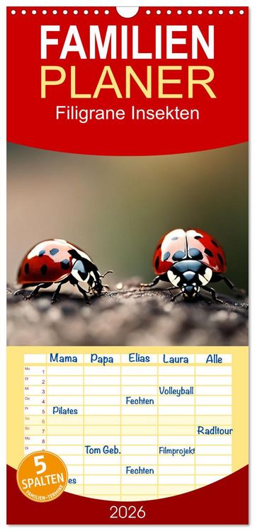 Produktbild: Familienplaner 2026 - Filigrane Insekten mit 5 Spalten (Wandkalender, 21 x 45 cm) CALVENDO