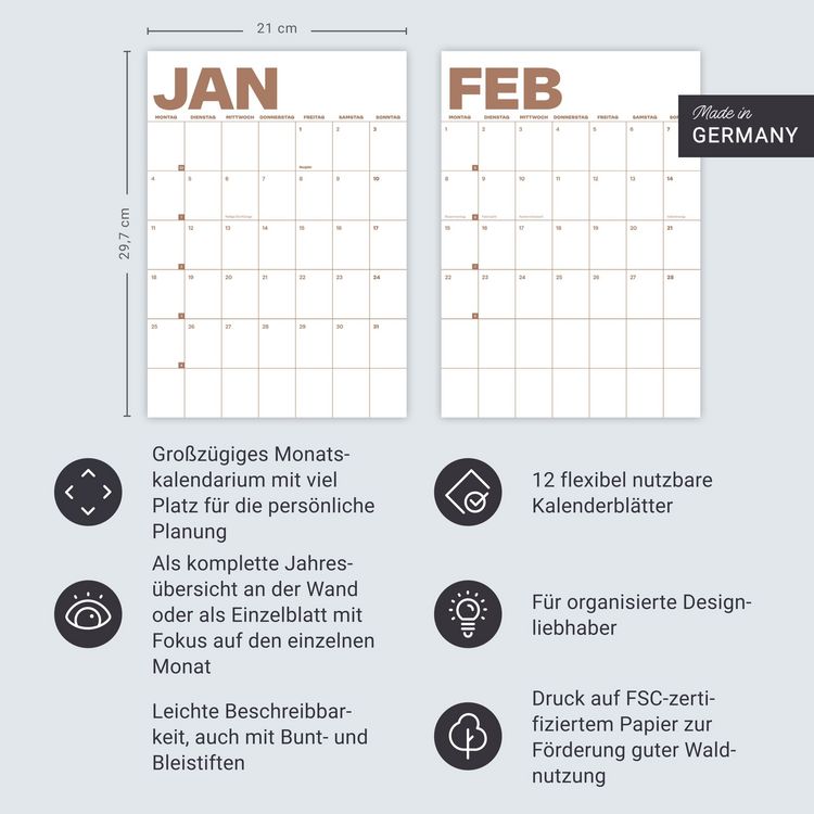 Produktbild: Monats-Wandplaner monochrom 2027 - 12 einzelne Bl&auml;tter zur individuellen Nutzung