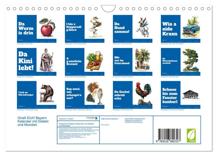 Produktbild: Gria&szlig; Eich! Bayern Kalender mit Dialekt und Mundart (Wandkalender 2026 DIN A4 quer), CALVENDO Monatskalender
