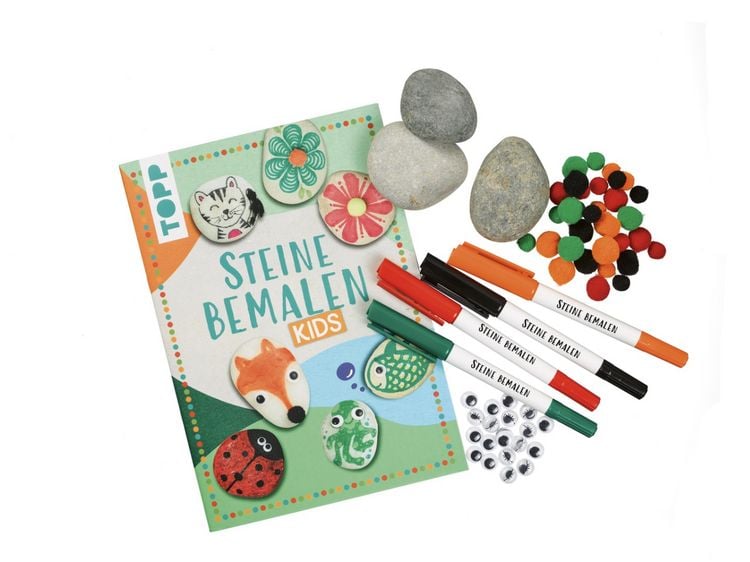 Produktbild: Kreativ-Set: Steine bemalen Kids mit Wackelaugen, Pompons, Anleitungsbuch & Material