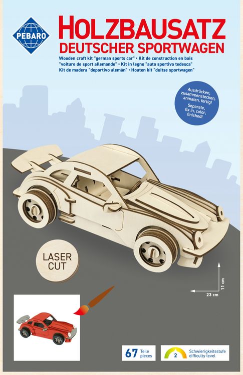 Produktbild: PEBARO 865/4L - Holzbausatz Deutscher Sportwagen Lasercut, 67 Teile, Holzkonstruktion zum Zusammenstecken